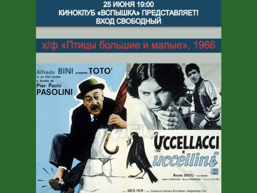 25 июня 19:00. Киноклуб «Вспышка». х/ф «Птицы большие и малые», 1966г